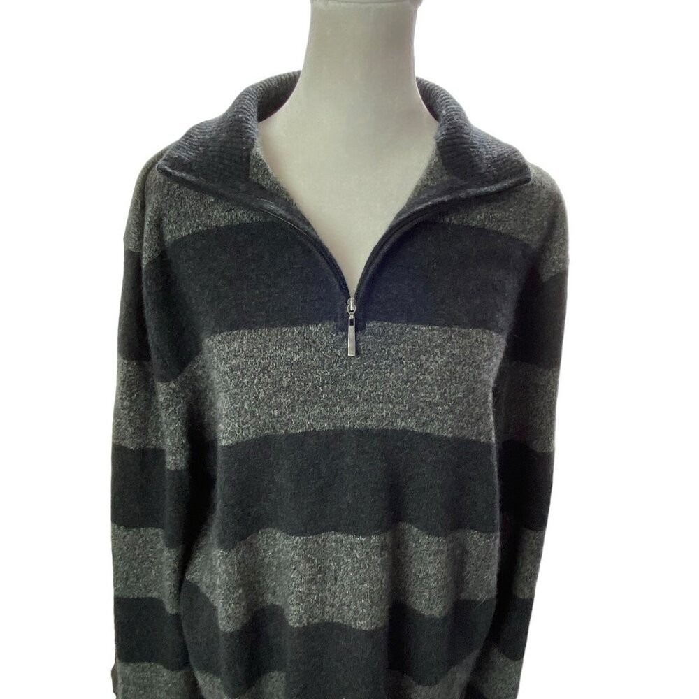 QI NY Men 100% Cashmere Pullover High Neck Striped 1/4 Zip Sweater Size XL Gray